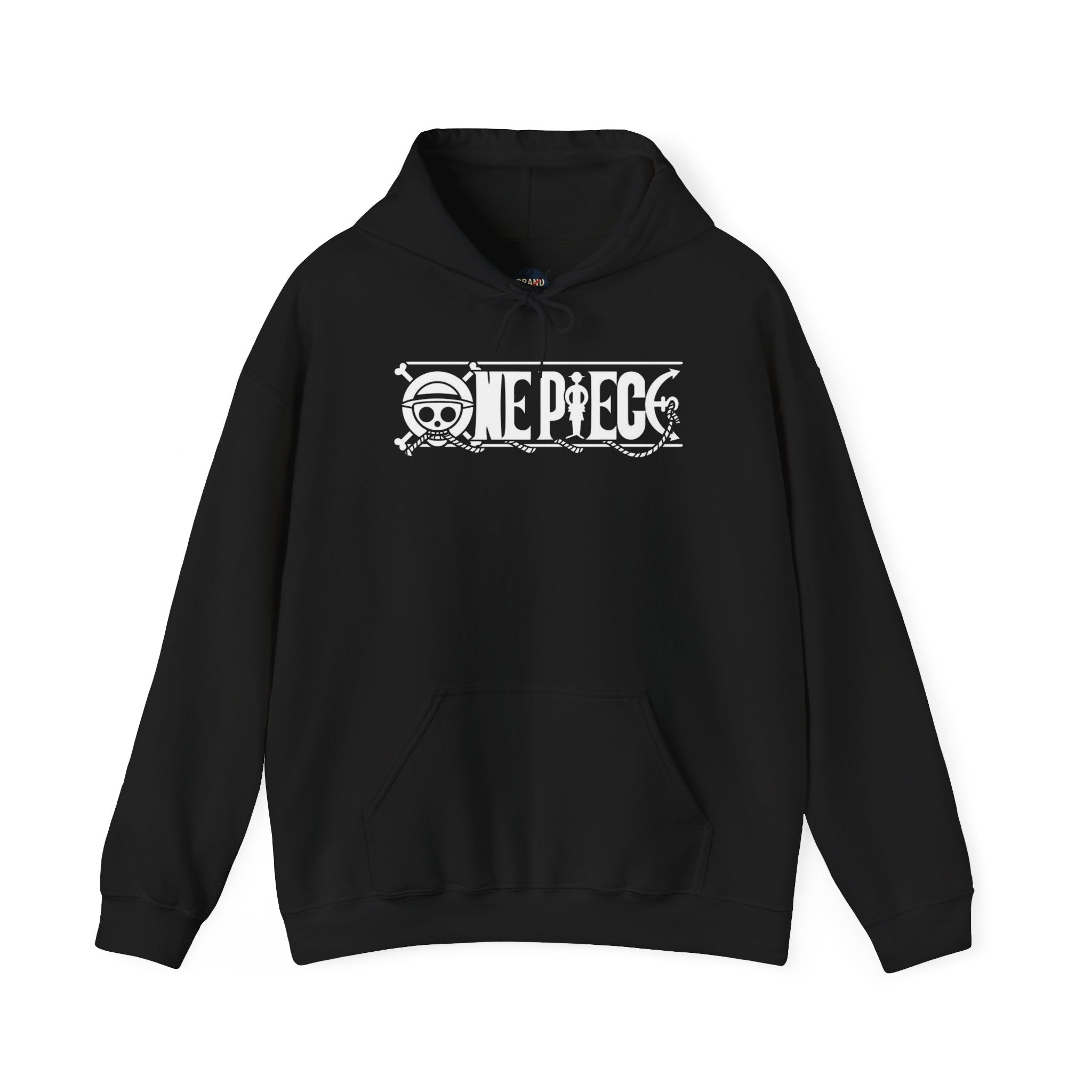 Black hoodie with 'One Piece' logo on a white background