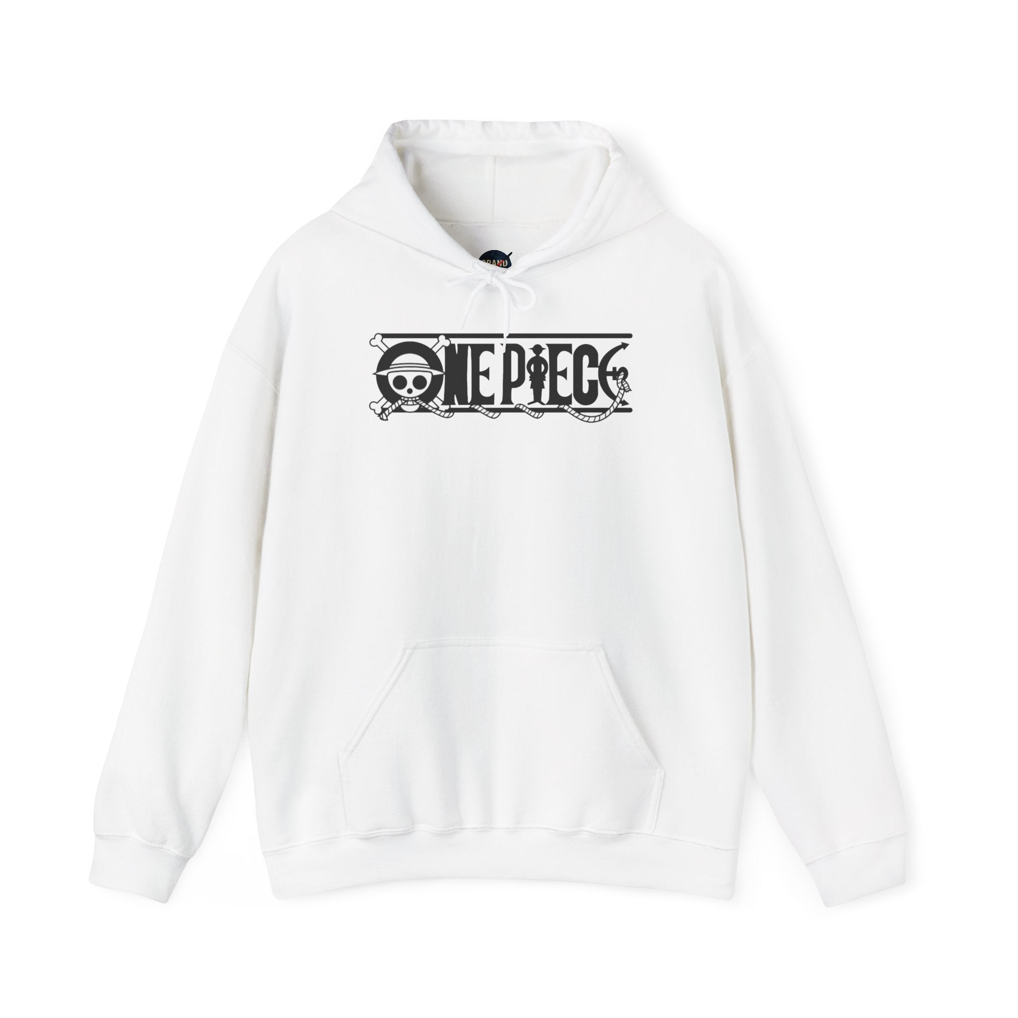 White hoodie with 'One Piece' logo on a white background